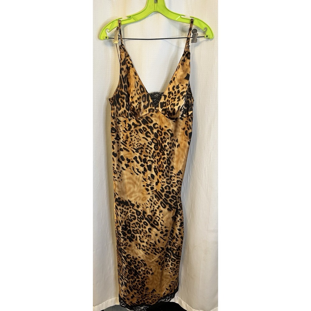 Animal Leopard Print Black Lace Classic Coquette Sexy Satin Nightgown L